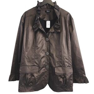 Flair Taffeta Jacket Women 3X Brown Ruffle Collar Satin Finish Coat Glam NWT